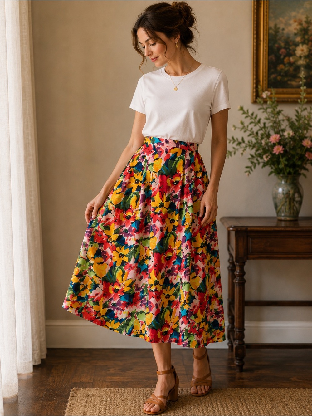 Vibrant Vintage Floral Print MIDI Skirt by Sheridan Square made in USA